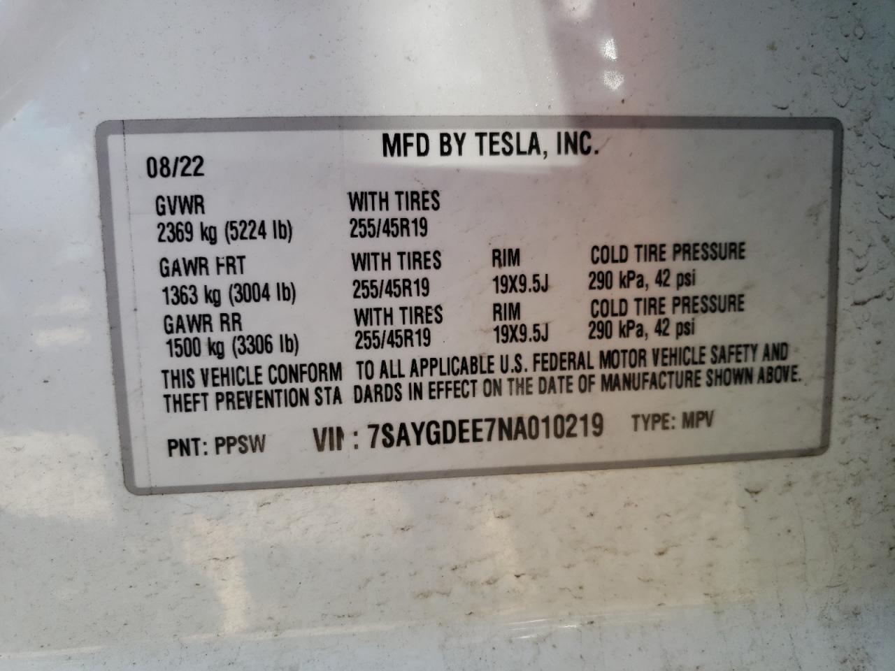 2022 TESLA MODEL Y VIN:7SAYGDEE7NA010219