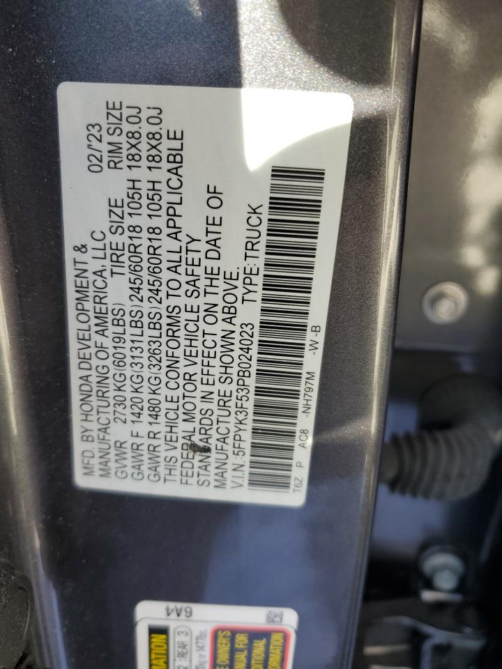 2023 HONDA RIDGELINE RTL VIN:5FPYK3F53PB024023