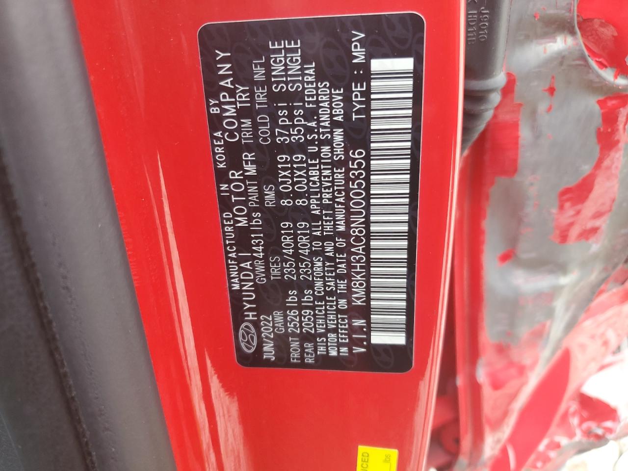 2022 HYUNDAI KONA N BASE VIN:KM8KH3AC8NU005356