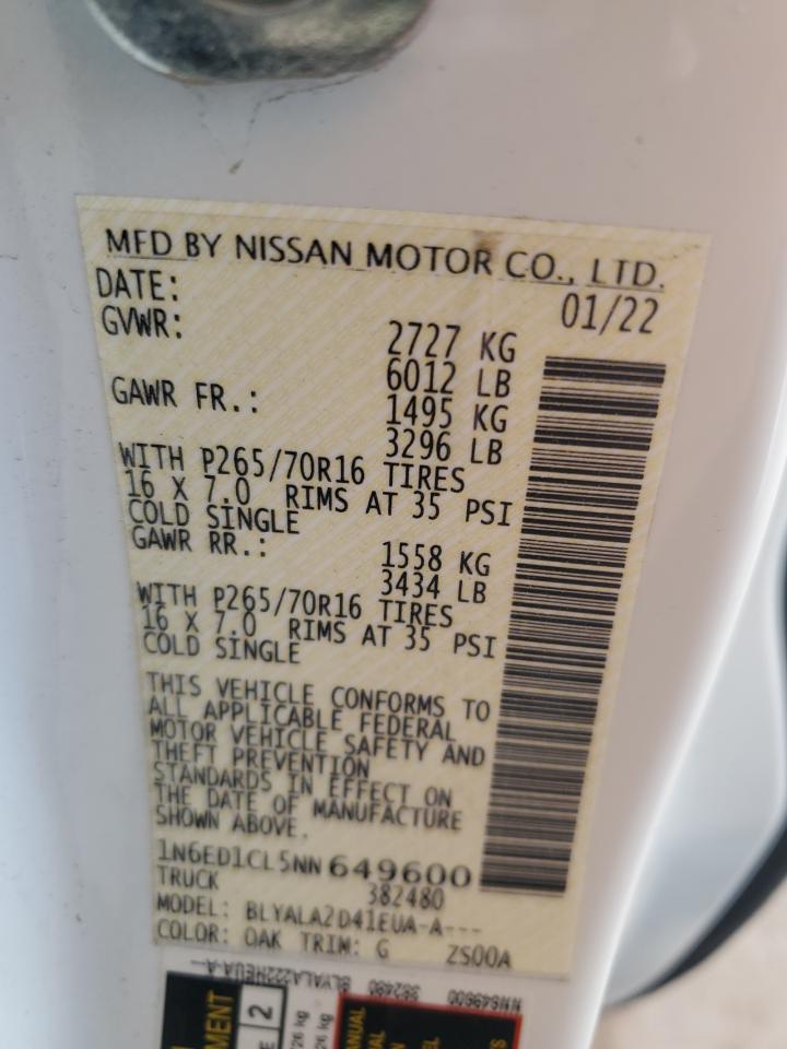 2022 NISSAN FRONTIER S VIN:1N6ED1CL5NN649600