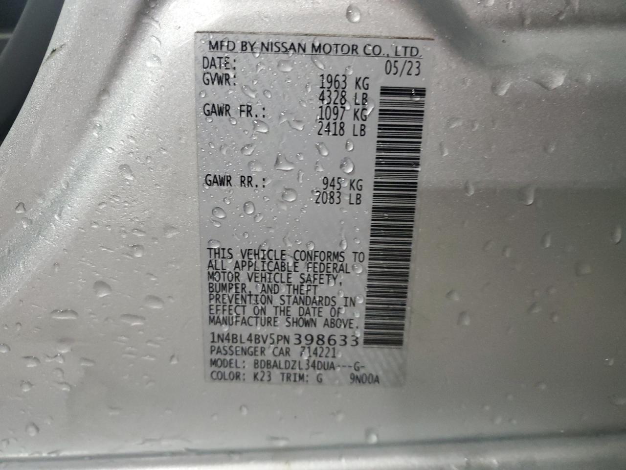 2023 NISSAN ALTIMA S VIN:1N4BL4BV5PN398633