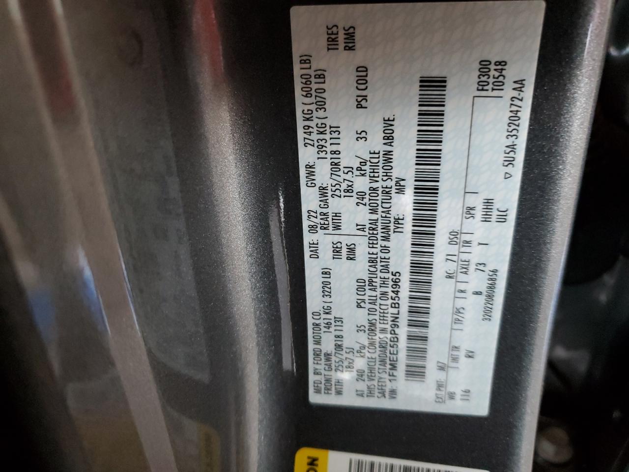 2022 FORD BRONCO BASE VIN:1FMEE5BP9NLB54965
