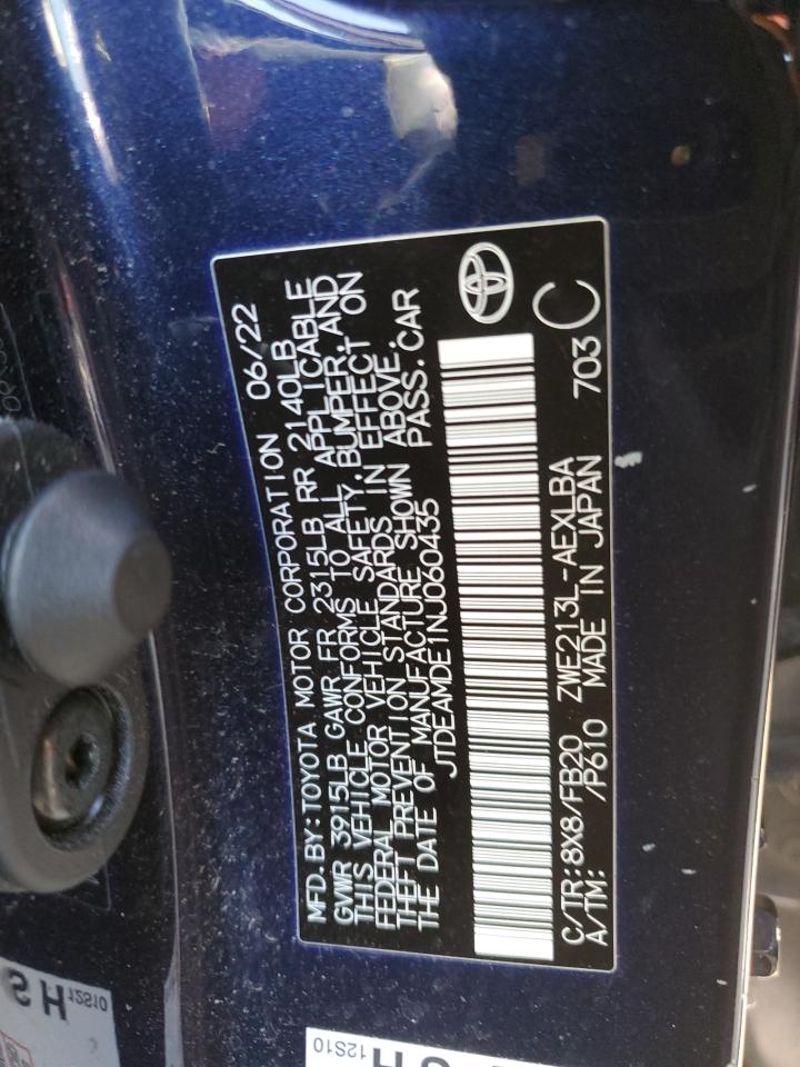 2022 TOYOTA COROLLA LE VIN:JTDEAMDE1NJ060435