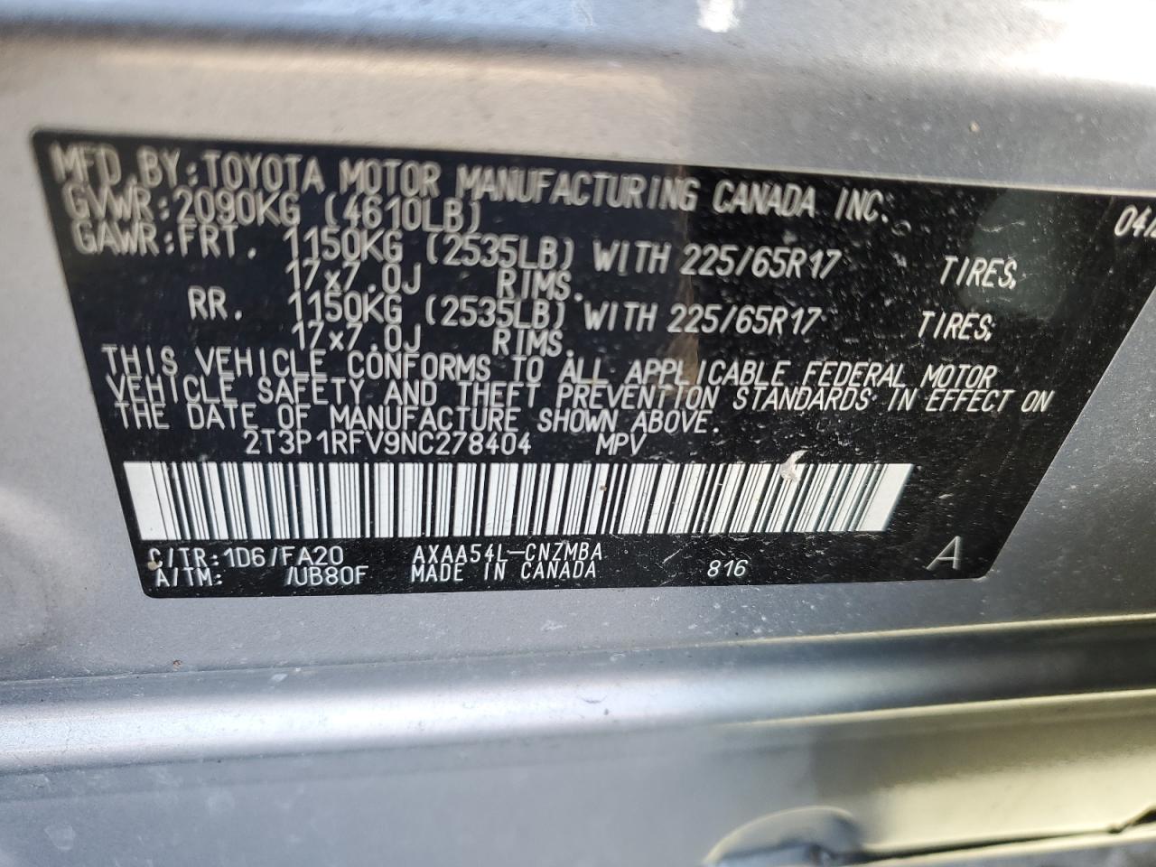 2022 TOYOTA RAV4 XLE VIN:2T3P1RFV9NC278404