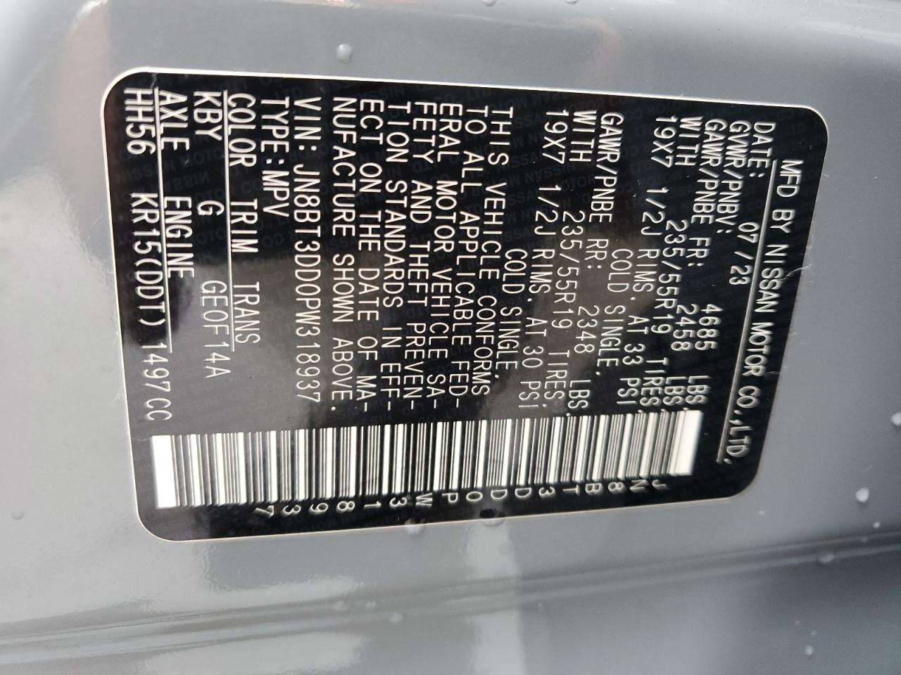 2023 NISSAN ROGUE PLATINUM VIN:JN8BT3DD0PW318937