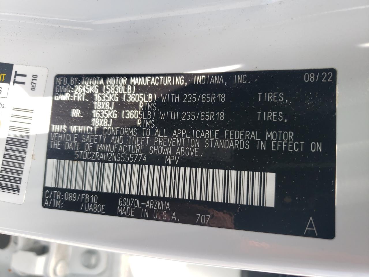 2022 TOYOTA HIGHLANDER L VIN:5TDCZRAH2NS555774