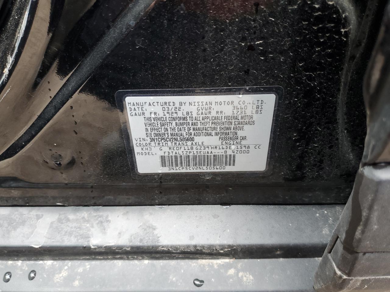 2022 NISSAN KICKS SV VIN:3N1CP5CV2NL505600