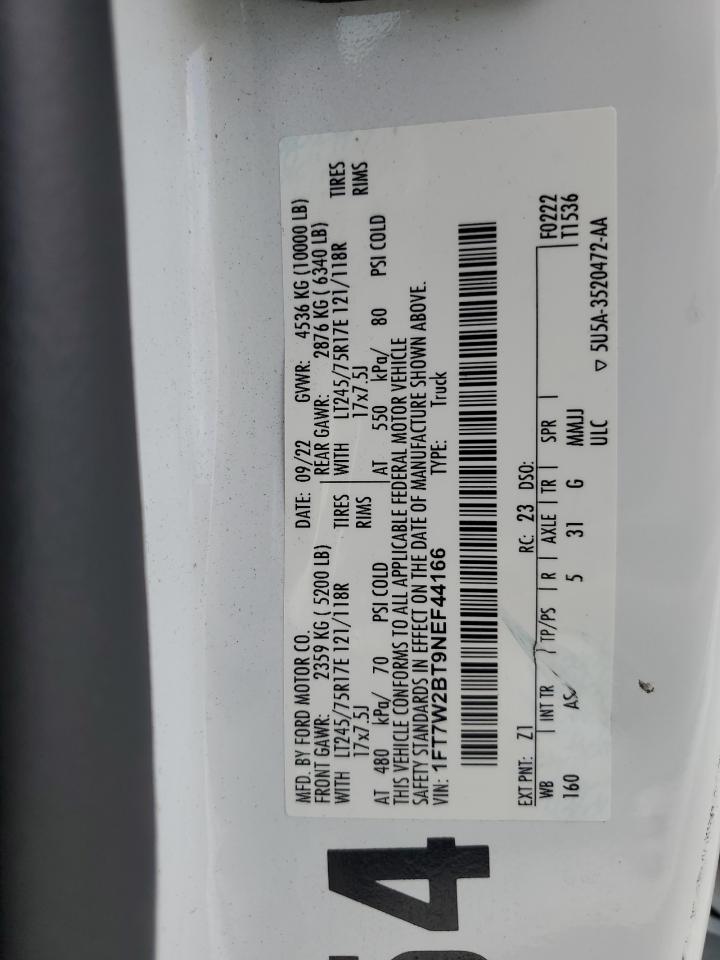 2022 FORD F250 SUPER DUTY VIN:1FT7W2BT9NEF44166
