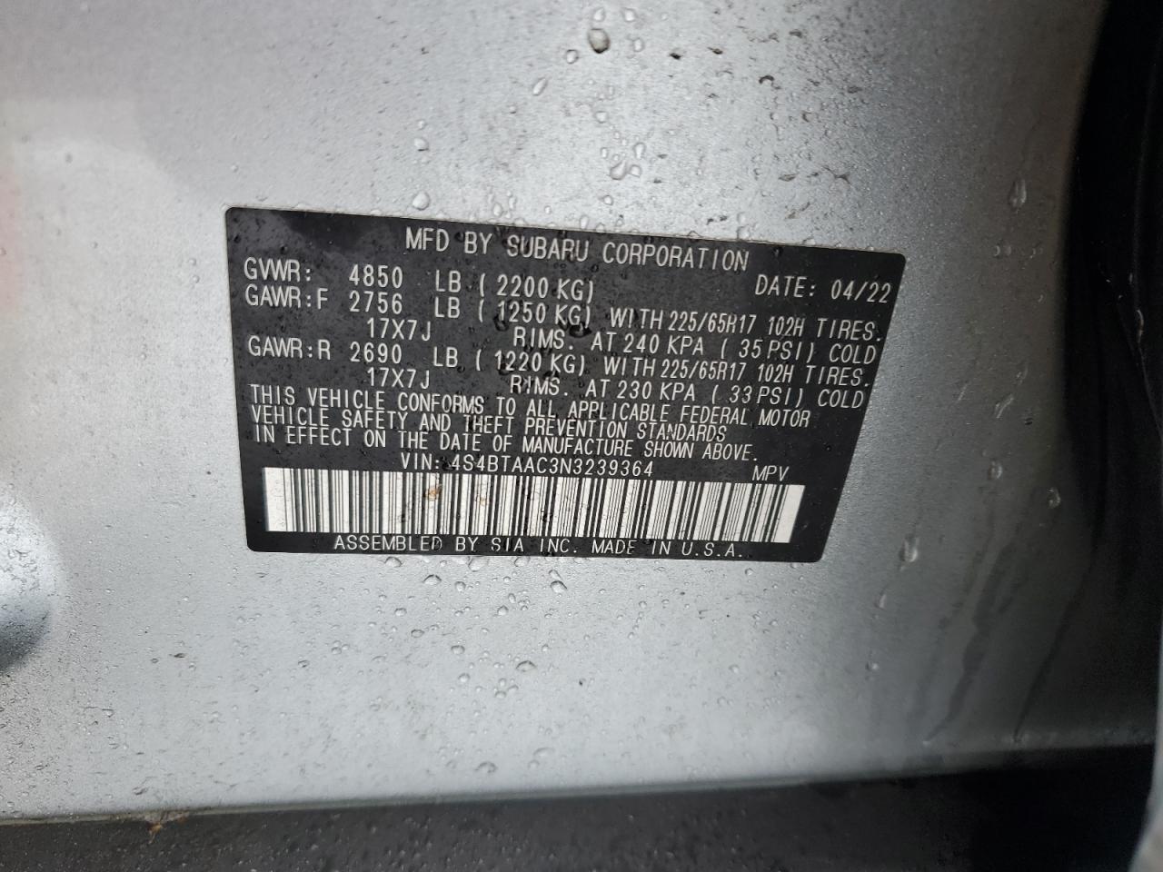 2022 SUBARU OUTBACK VIN:4S4BTAAC3N3239364