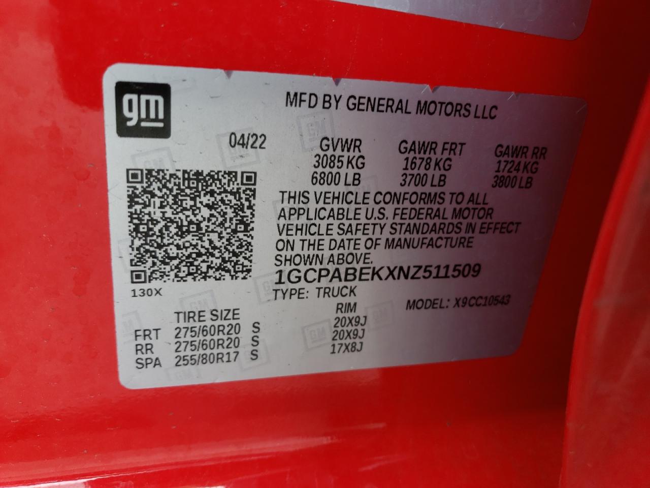 2022 CHEVROLET SILVERADO C1500 CUSTOM VIN:1GCPABEKXNZ511509