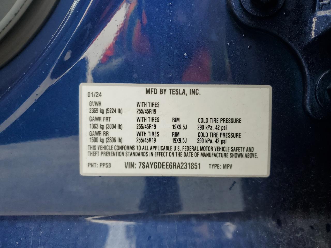 2024 TESLA MODEL Y VIN:7SAYGDEE6RA231851