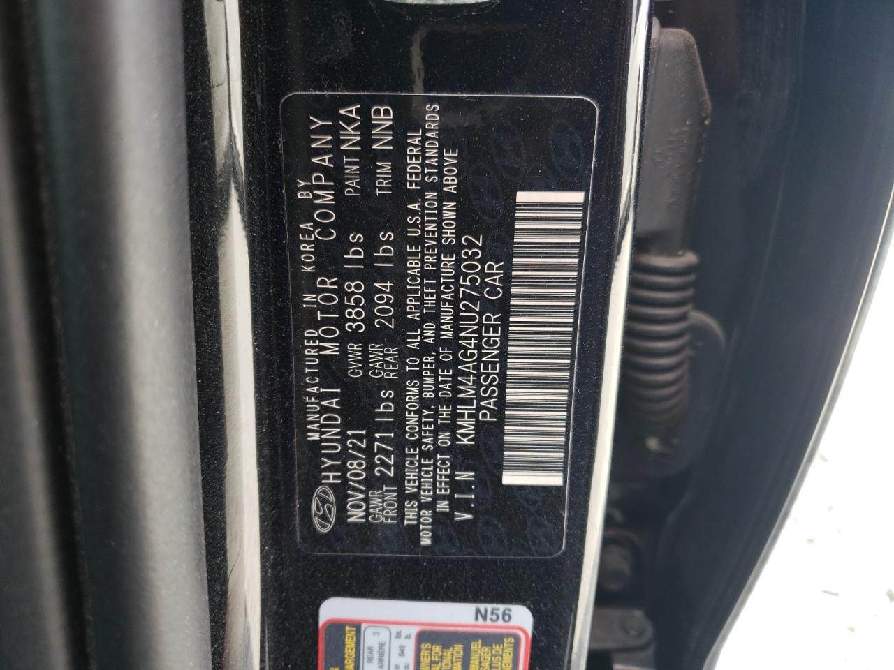 2022 HYUNDAI ELANTRA SEL VIN:KMHLM4AG4NU275032