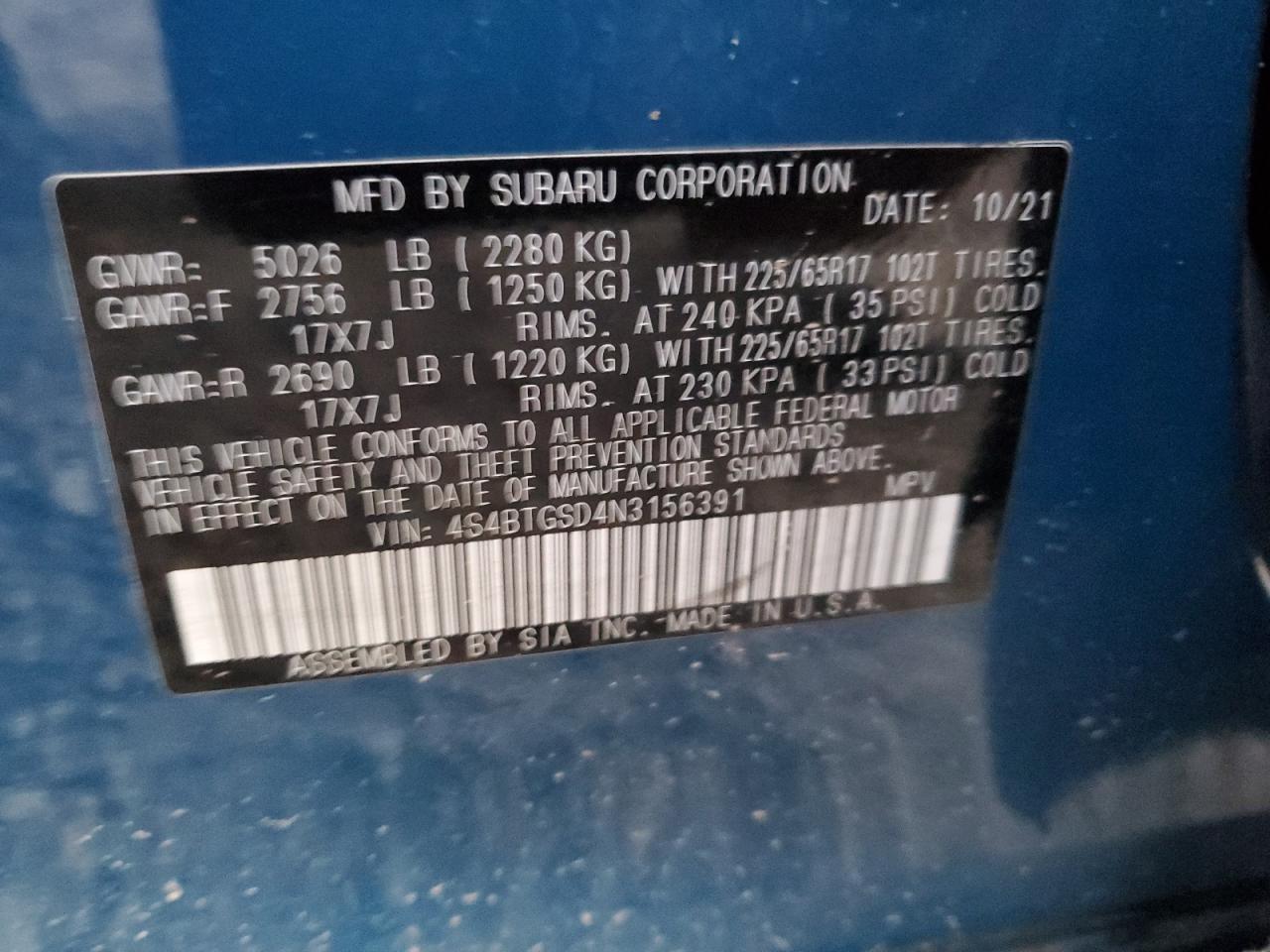 2022 SUBARU OUTBACK WILDERNESS VIN:4S4BTGSD4N3156391