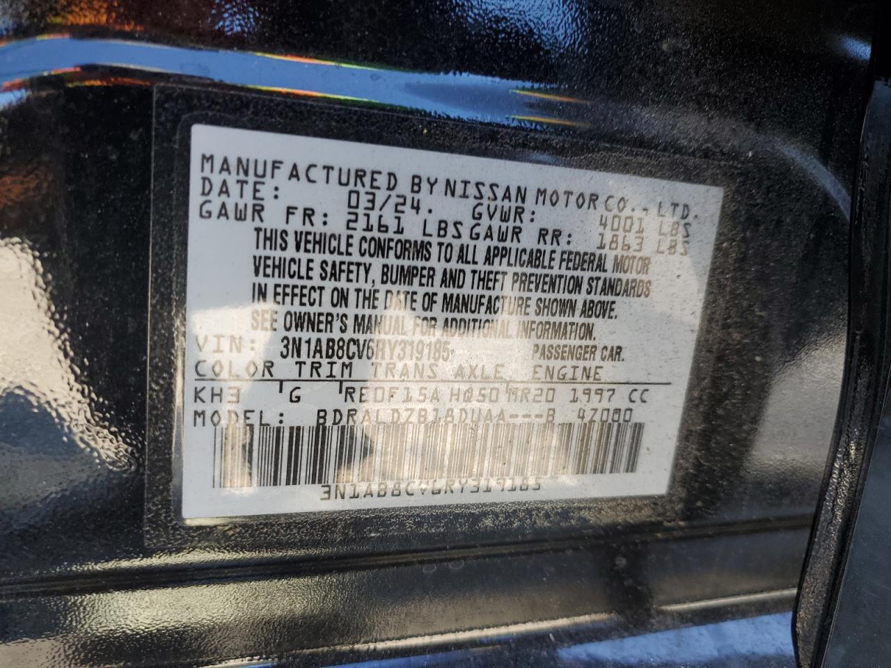 2024 NISSAN SENTRA SV VIN:3N1AB8CV6RY319185