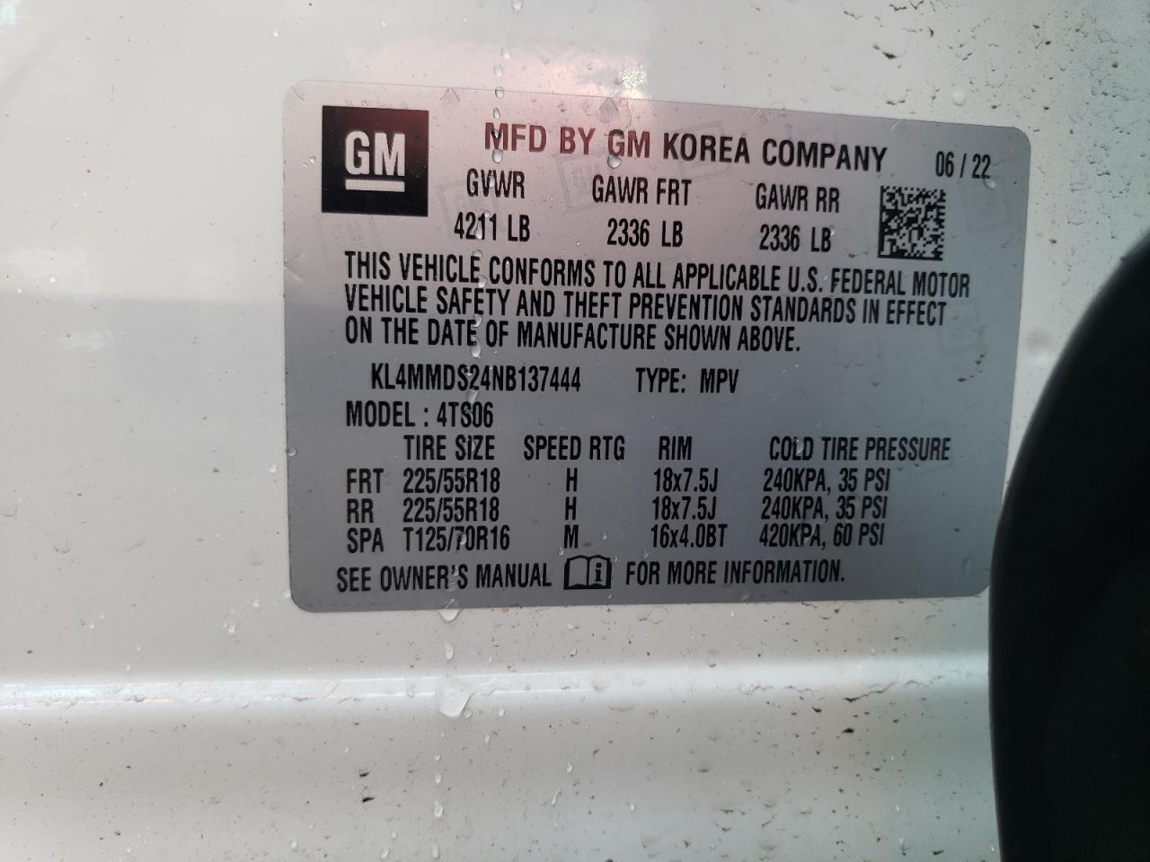 2022 BUICK ENCORE GX SELECT VIN:KL4MMDS24NB137444