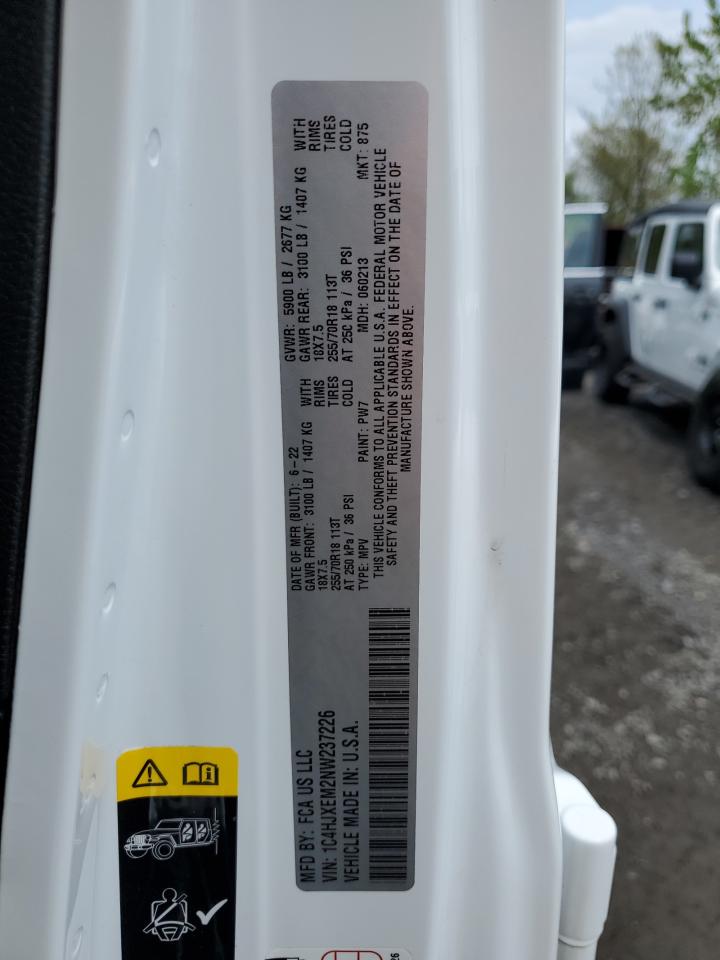 2022 JEEP WRANGLER UNLIMITED SAHARA VIN:1C4HJXEM2NW237226