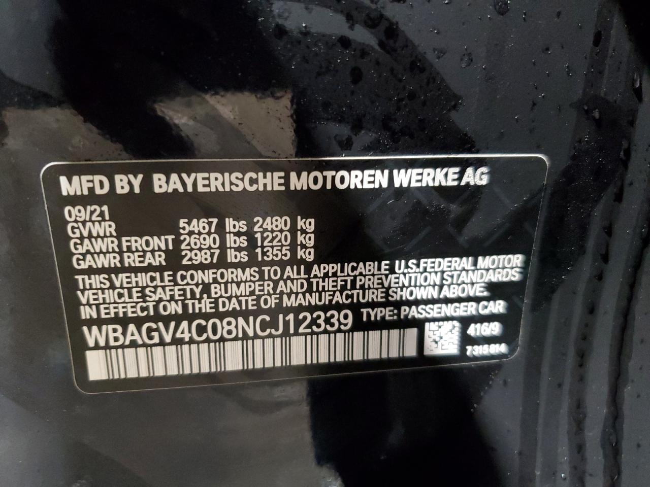 2022 BMW 840XI VIN:WBAGV4C08NCJ12339