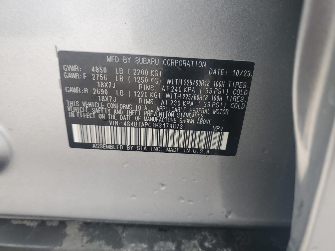 2024 SUBARU OUTBACK TOURING VIN:4S4BTAPC1R3179873