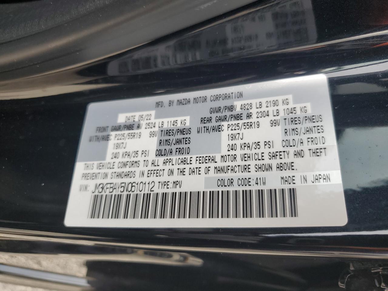 2022 MAZDA CX-5 VIN:JM3KFBAY5N0610112