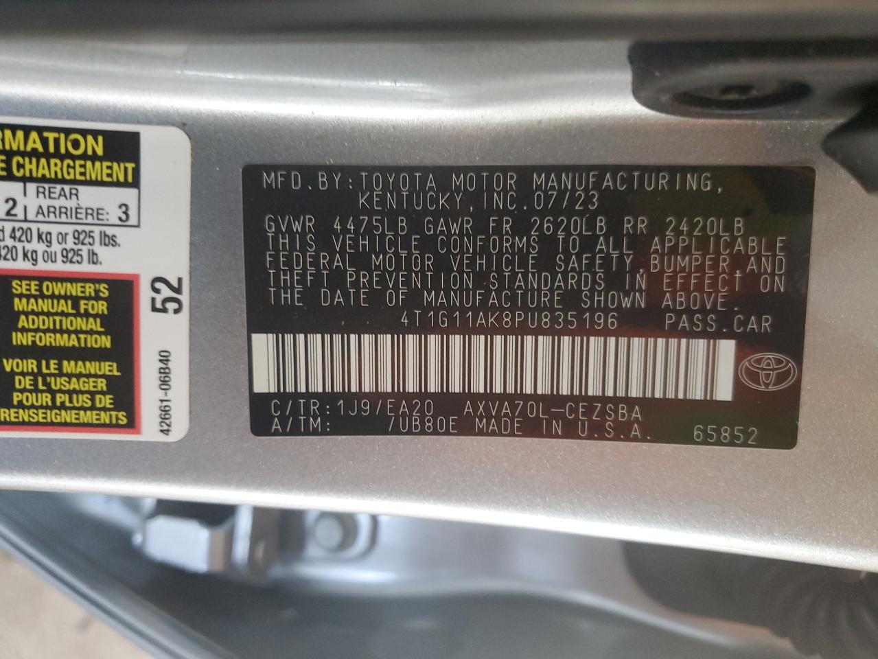 2023 TOYOTA CAMRY SE NIGHT SHADE VIN:4T1G11AK8PU835196