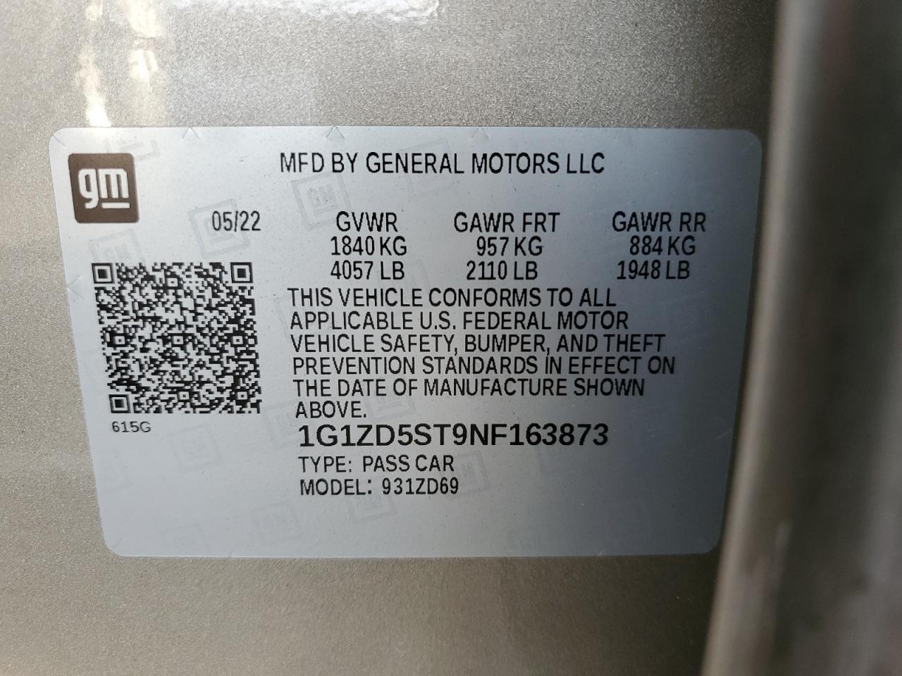 2022 CHEVROLET MALIBU LT VIN:1G1ZD5ST9NF163873