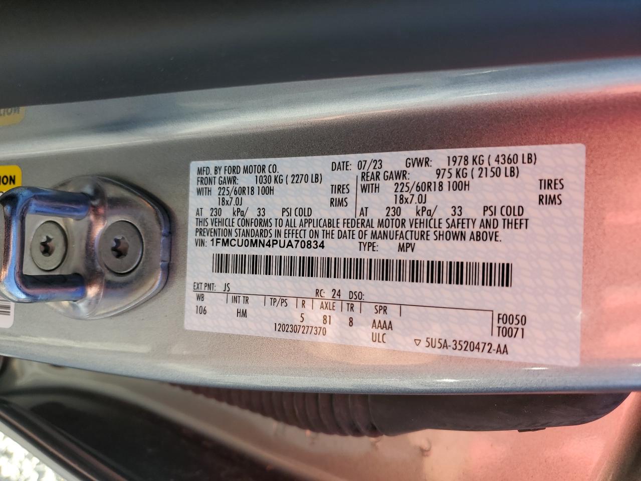 2023 FORD ESCAPE ST LINE VIN:1FMCU0MN4PUA70834