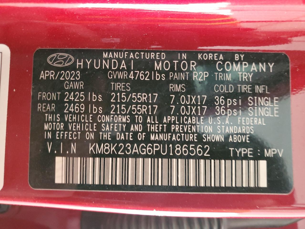 2023 HYUNDAI KONA SE VIN:KM8K23AG6PU186562