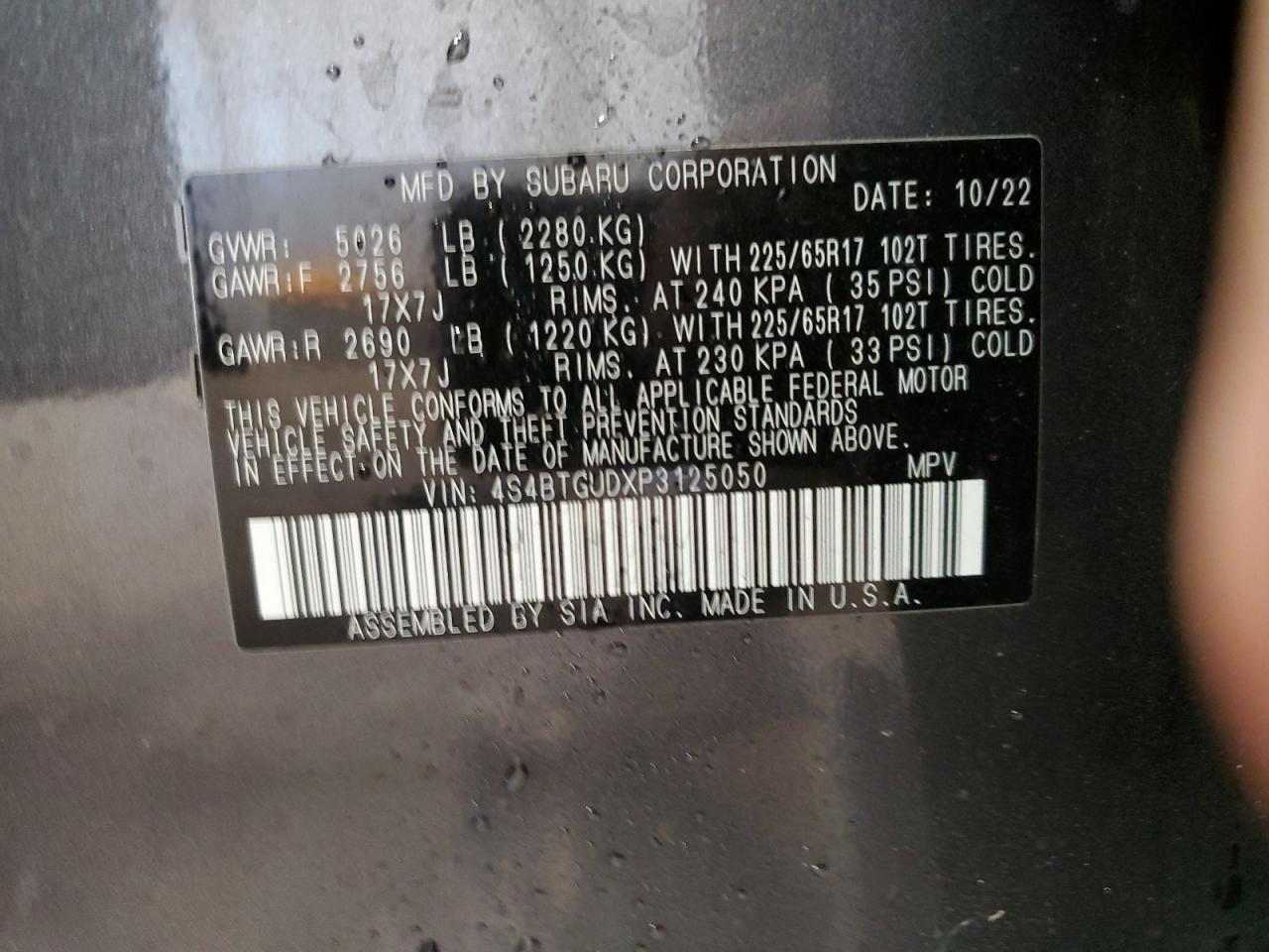 2023 SUBARU OUTBACK WILDERNESS VIN:4S4BTGUDXP3125050