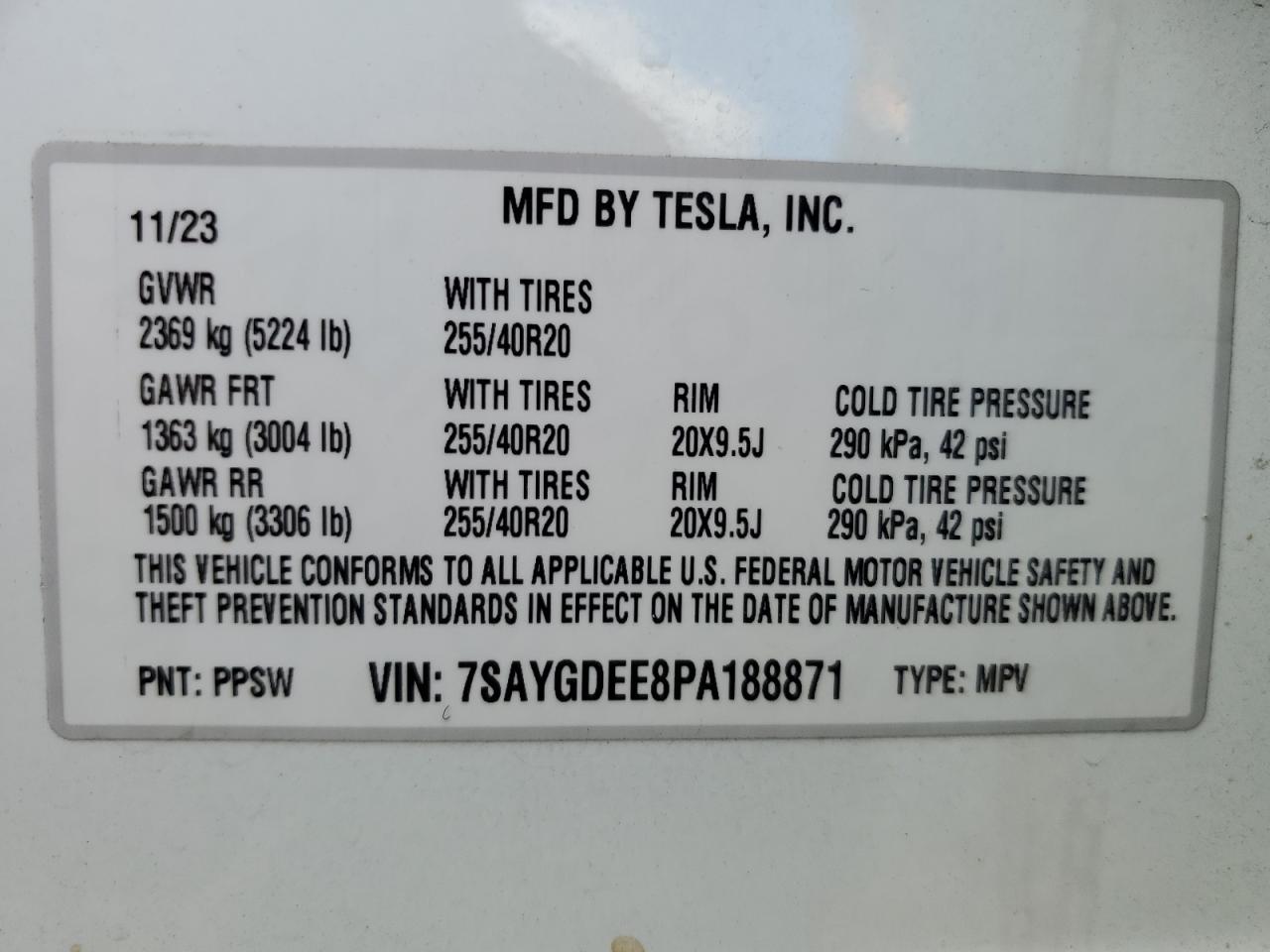 2023 TESLA MODEL Y VIN:7SAYGDEE8PA188871