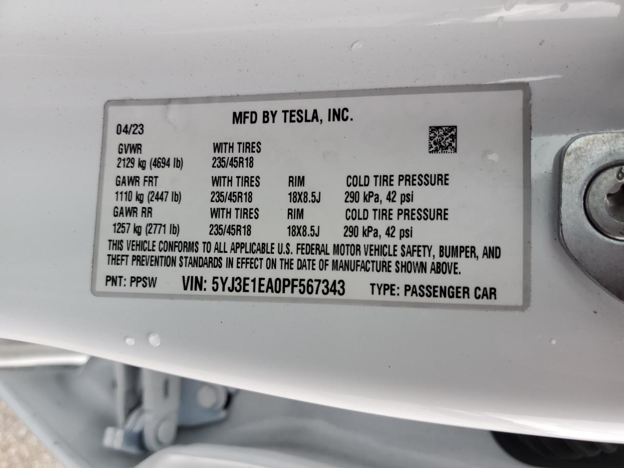 2023 TESLA MODEL 3 VIN:5YJ3E1EA0PF567343