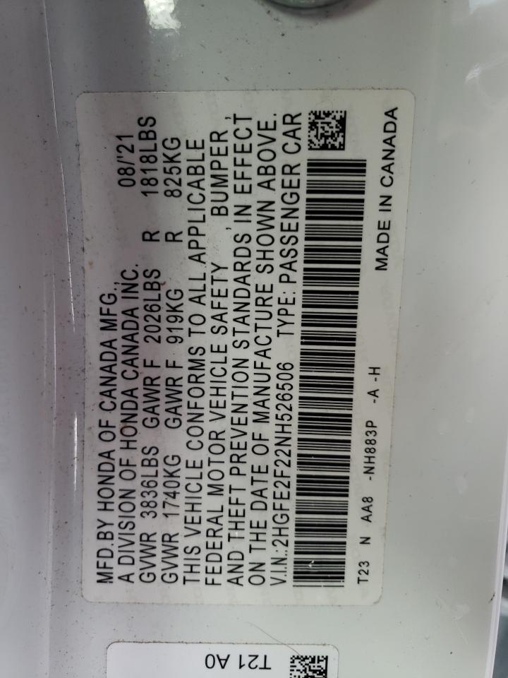 2022 HONDA CIVIC LX VIN:2HGFE2F22NH526506