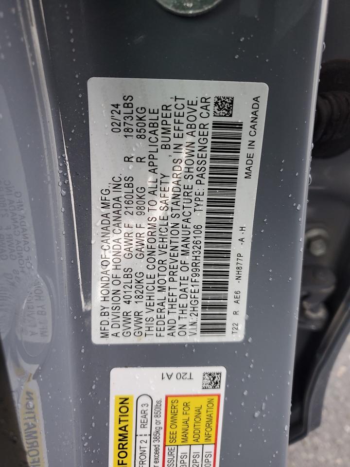 2024 HONDA CIVIC TOURING VIN:2HGFE1F99RH326106