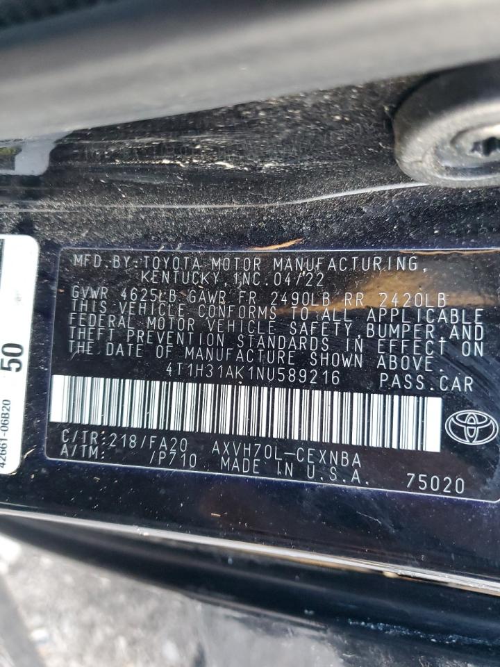 2022 TOYOTA CAMRY LE VIN:4T1H31AK1NU589216