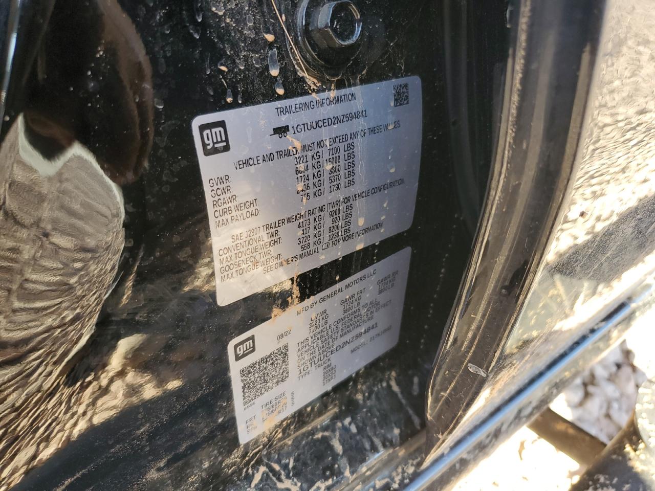 2022 GMC SIERRA K1500 ELEVATION VIN:1GTUUCED2NZ594841