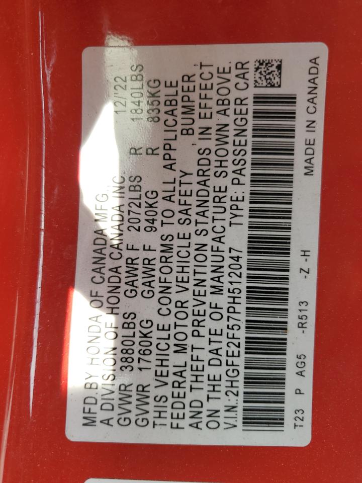 2023 HONDA CIVIC SPORT VIN:2HGFE2F57PH512047