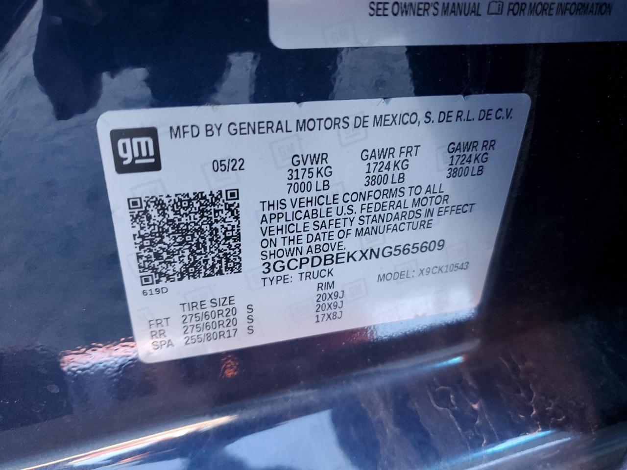 2022 CHEVROLET SILVERADO K1500 CUSTOM VIN:3GCPDBEKXNG565609