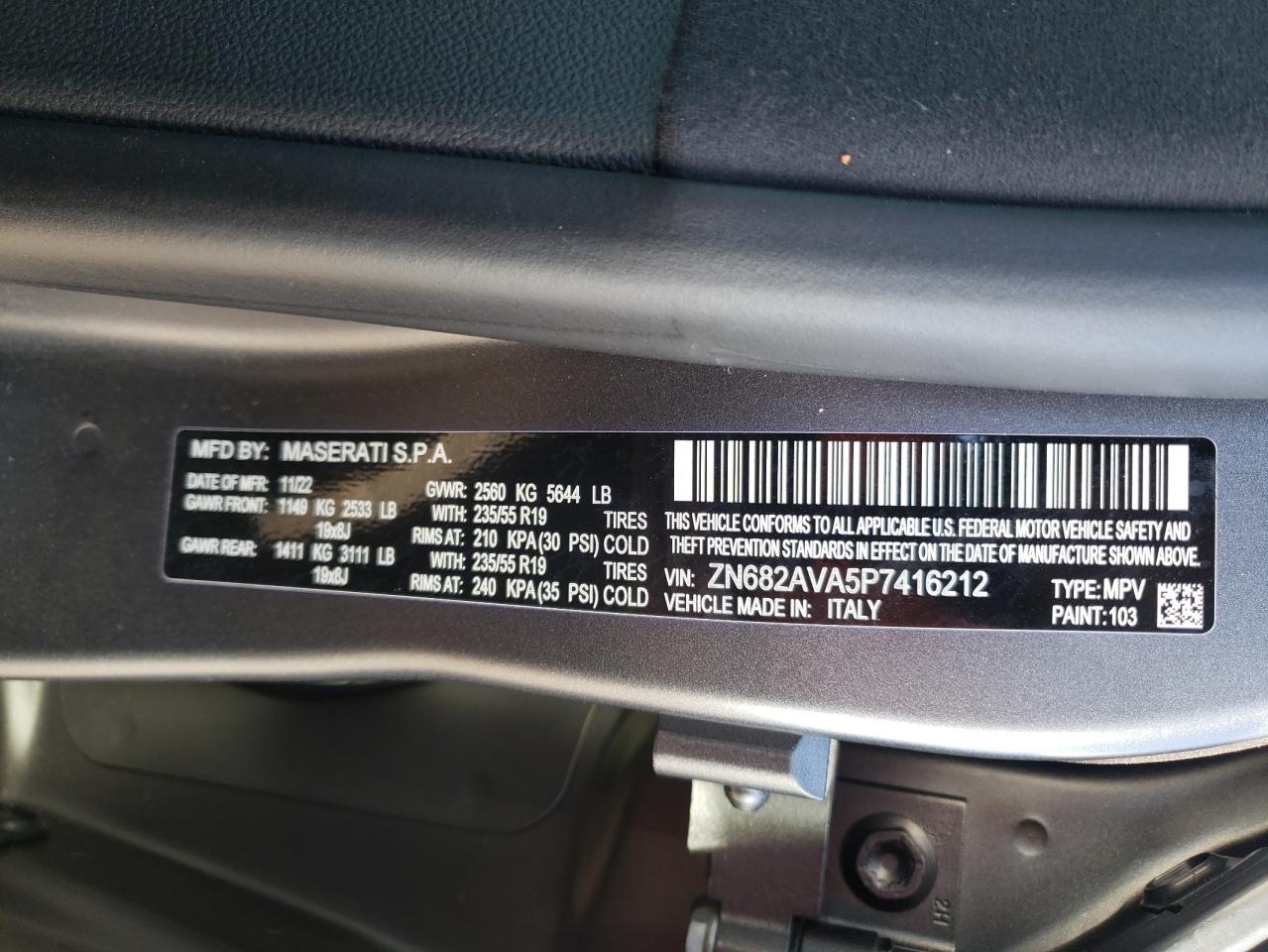 2023 MASERATI GRECALE GT VIN:ZN682AVA5P7416212