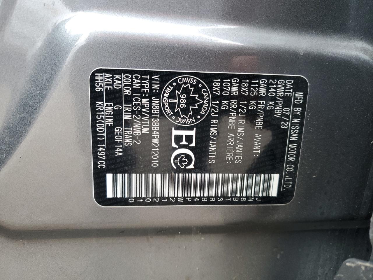 2023 NISSAN ROGUE SV VIN:JN8BT3BB4PW212010