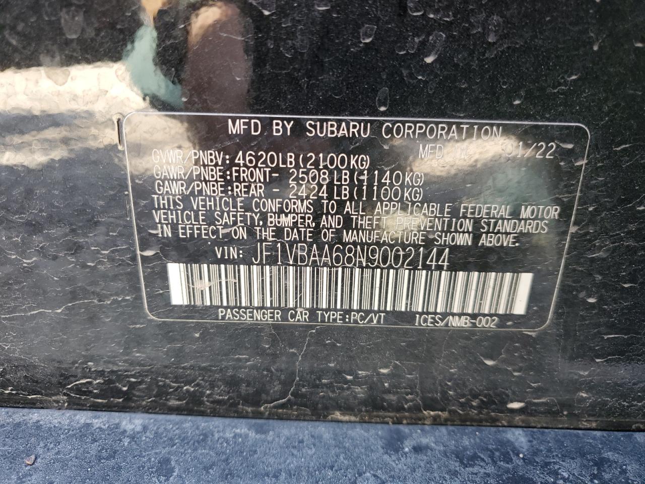 2022 SUBARU WRX VIN:JF1VBAA68N9002144