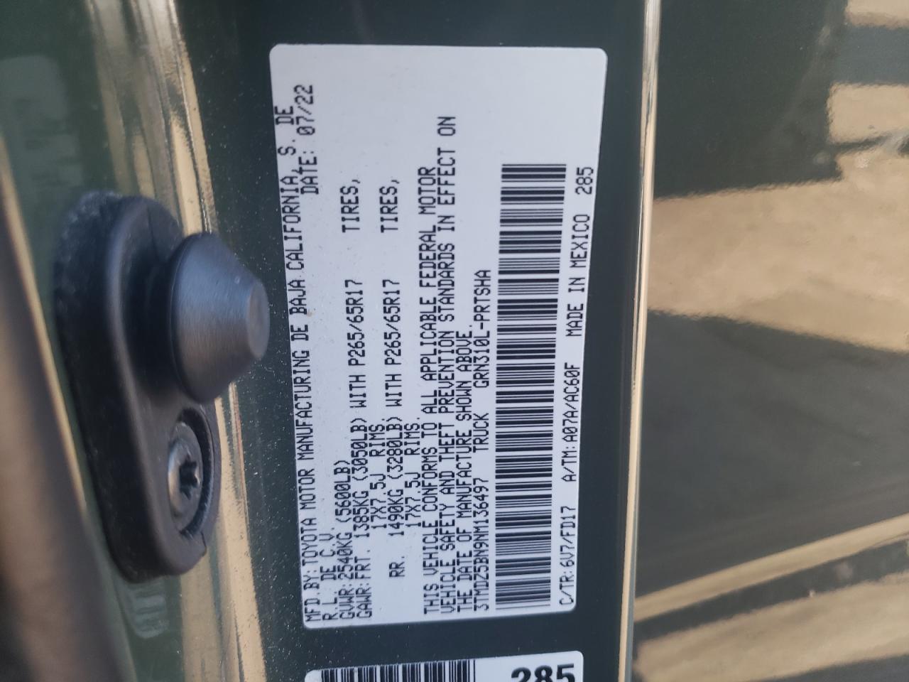 2022 TOYOTA TACOMA DOUBLE CAB VIN:3TMDZ5BN9NM136497