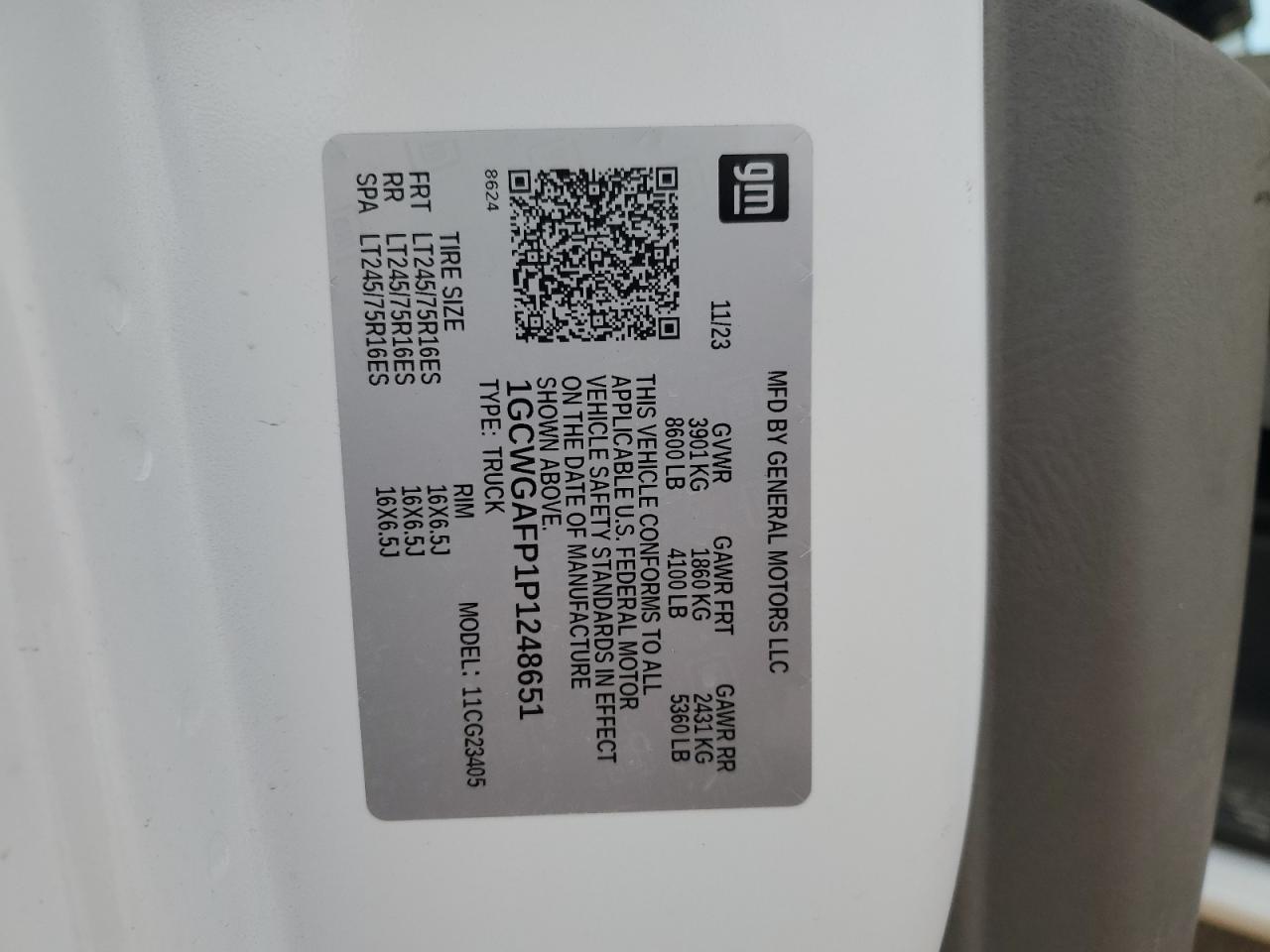 2023 CHEVROLET EXPRESS G2500 VIN:1GCWGAFP1P1248651