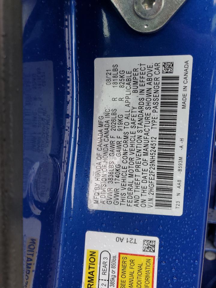 2022 HONDA CIVIC LX VIN:2HGFE2F29NH524512