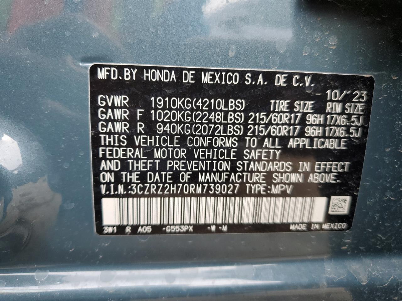 2024 HONDA HR-V EXL VIN:3CZRZ2H70RM739027