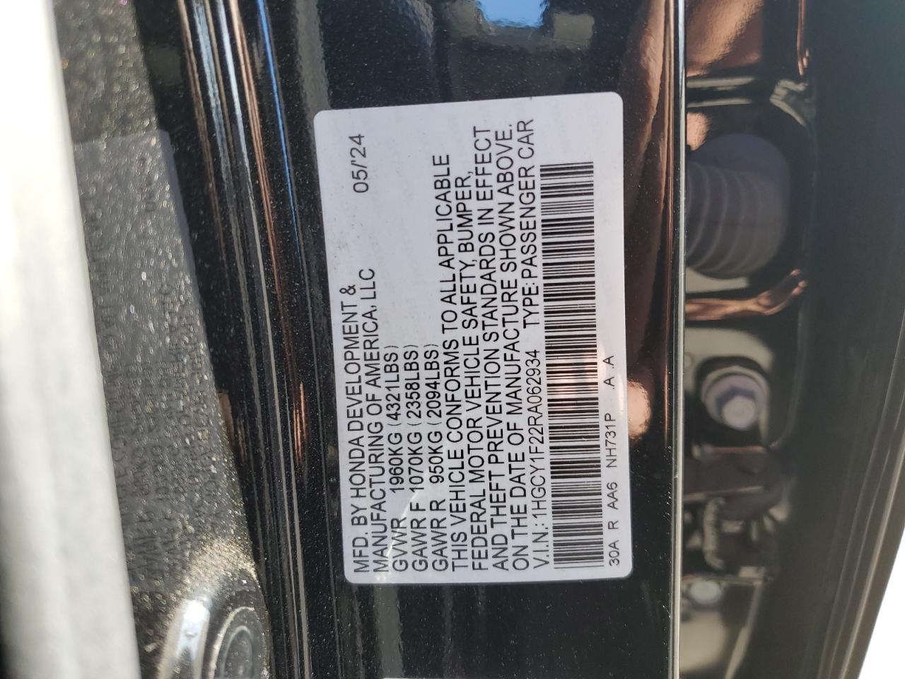 2024 HONDA ACCORD LX VIN:1HGCY1F22RA062934