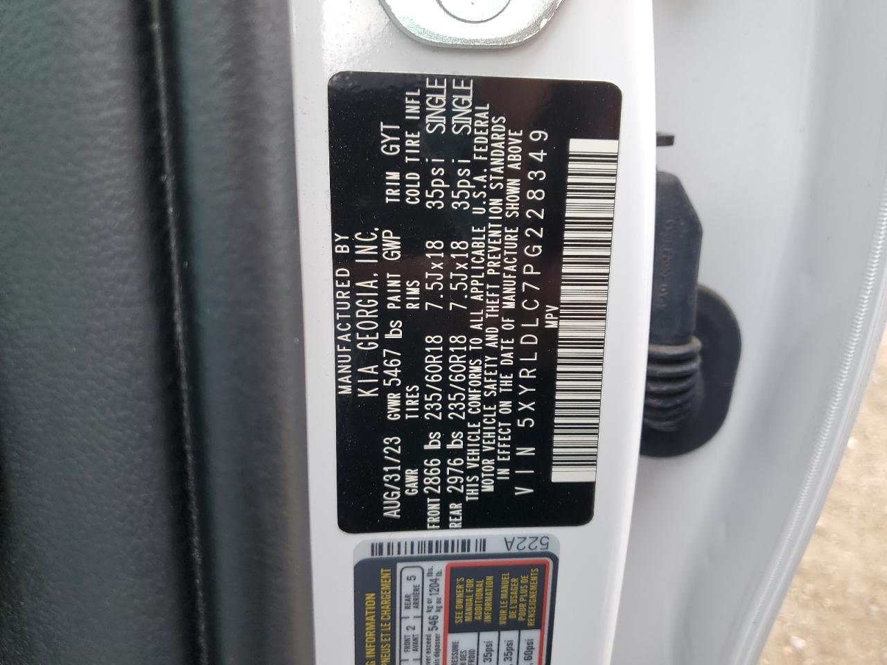 2023 KIA SORENTO S VIN:5XYRLDLC7PG228349