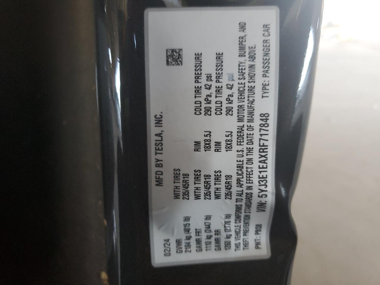 2024 TESLA MODEL 3 VIN:5YJ3E1EAXRF717848