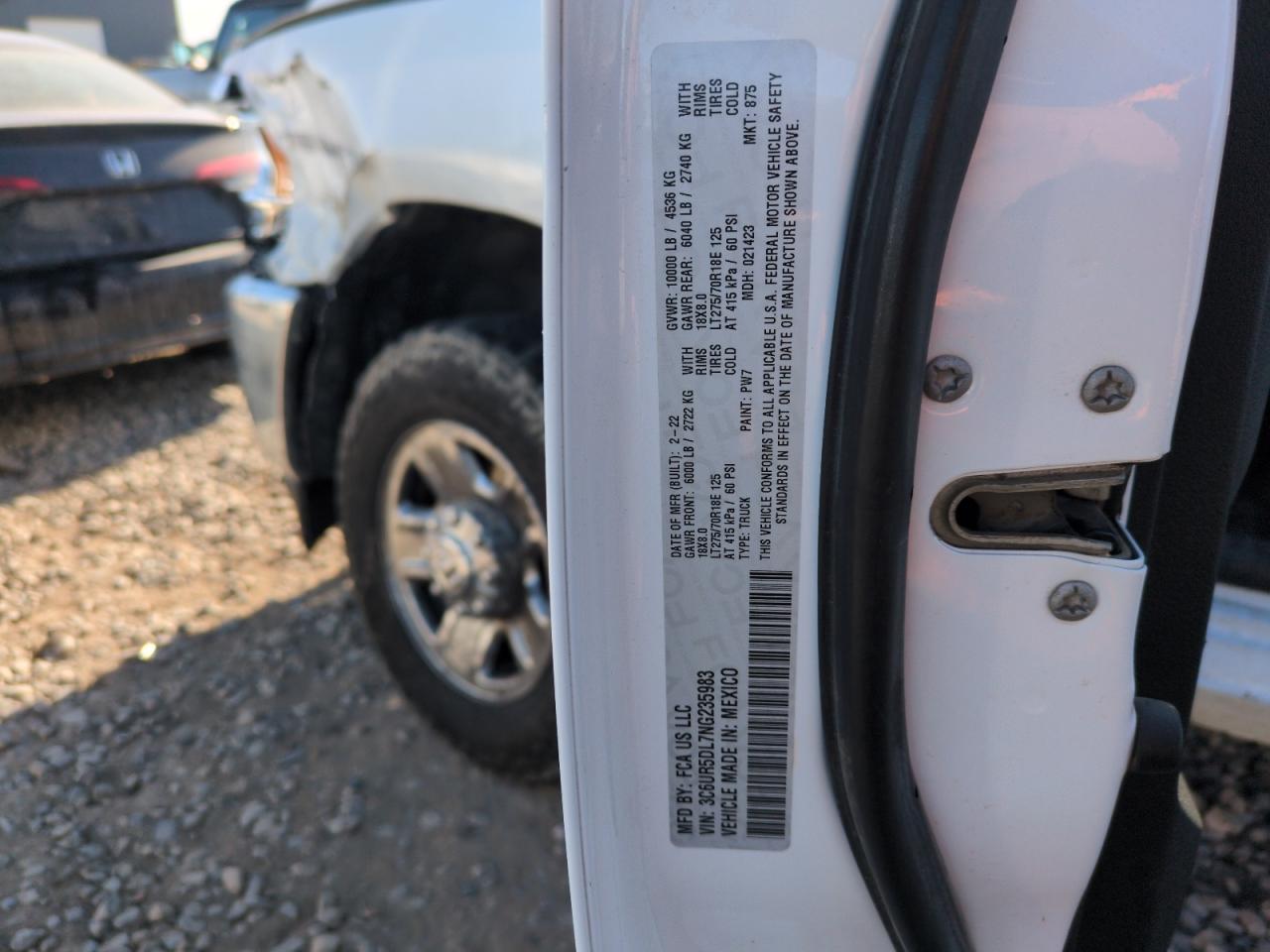 2022 RAM 2500 BIG HORN/LONE STAR VIN:3C6UR5DL7NG235983