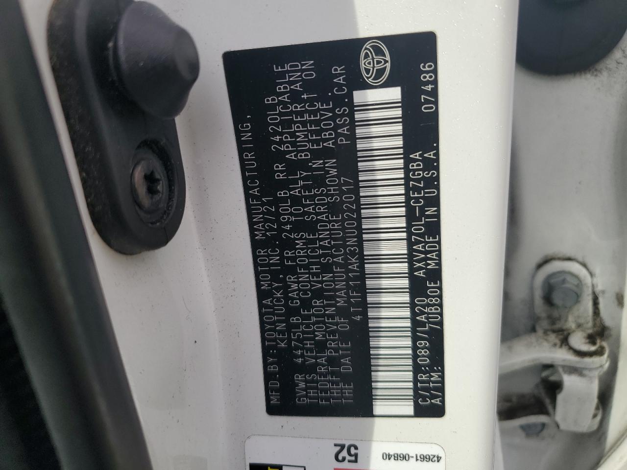 2022 TOYOTA CAMRY XLE VIN:4T1F11AK3NU022017