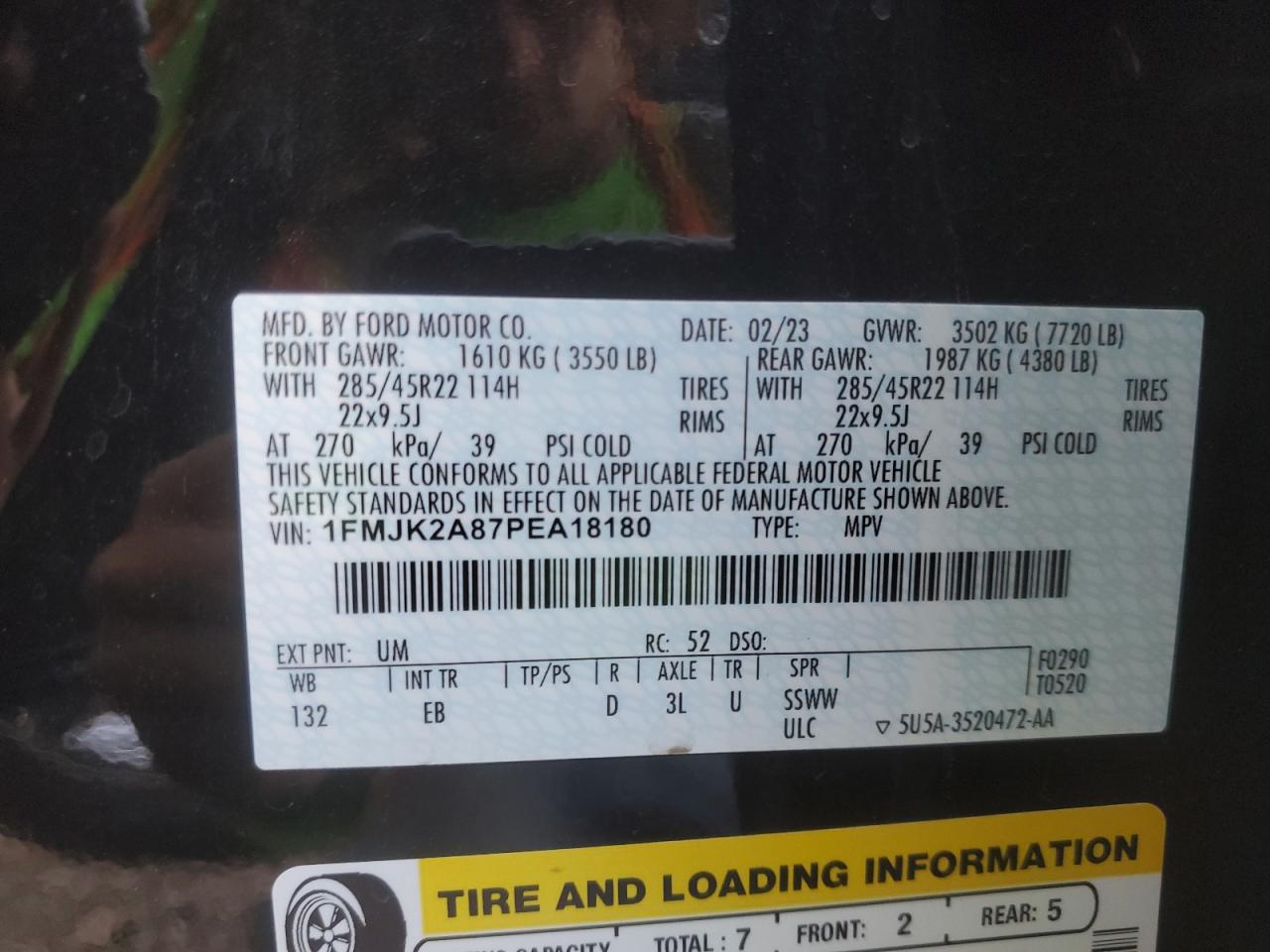 2023 FORD EXPEDITION MAX LIMITED VIN:1FMJK2A87PEA18180