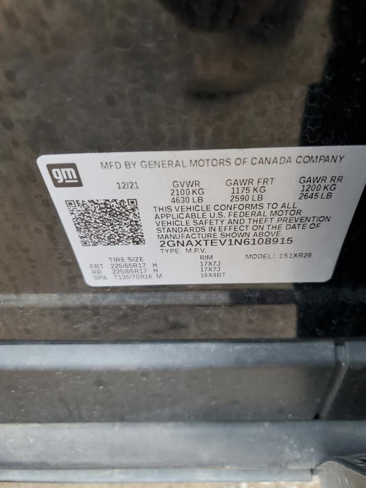 2022 CHEVROLET EQUINOX LT VIN:2GNAXTEV1N6108915